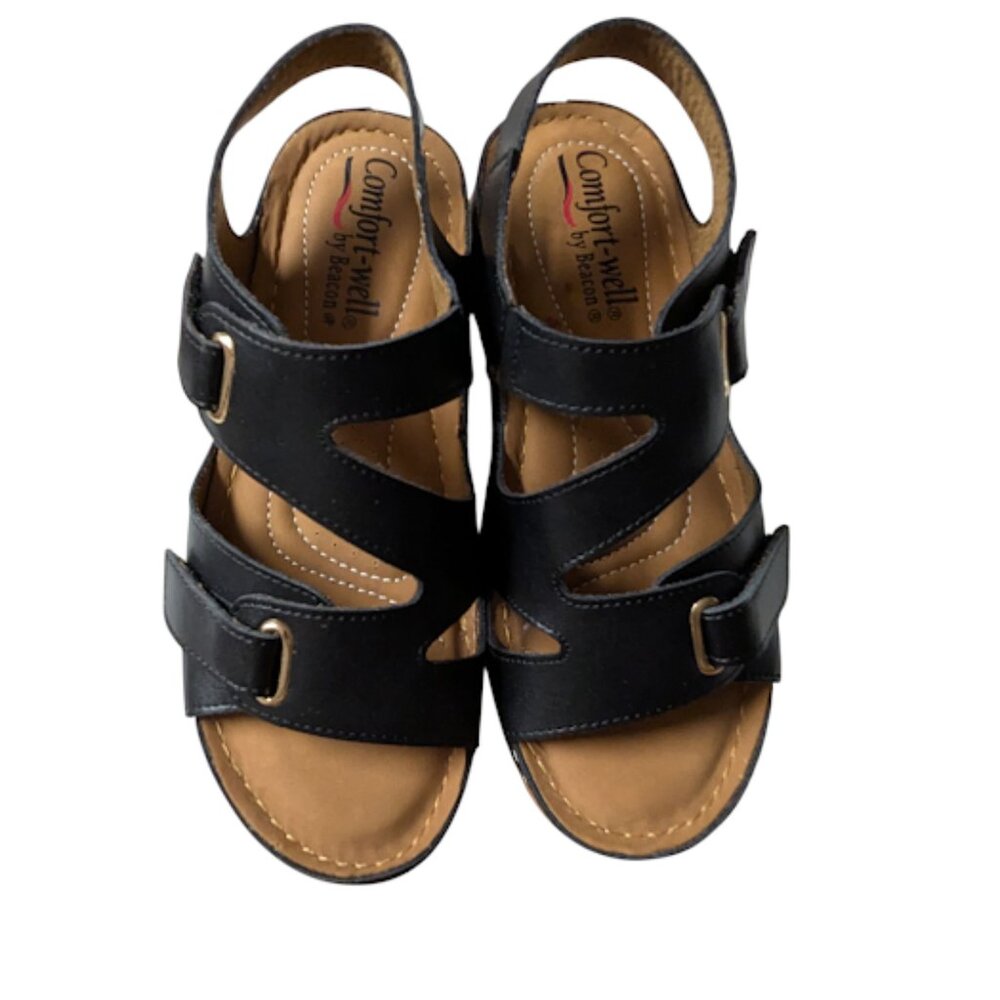 Comfort-Well by Beacon Black Leather Strappy Buckle Detail Comfort Sandal Size 7